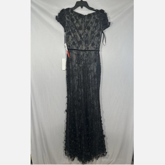 NEW $598 Mac Duggal [ 4 ] Floral Appliqué Boat Neck Short Sleeve Gown Black Q546 - Picture 8 of 16